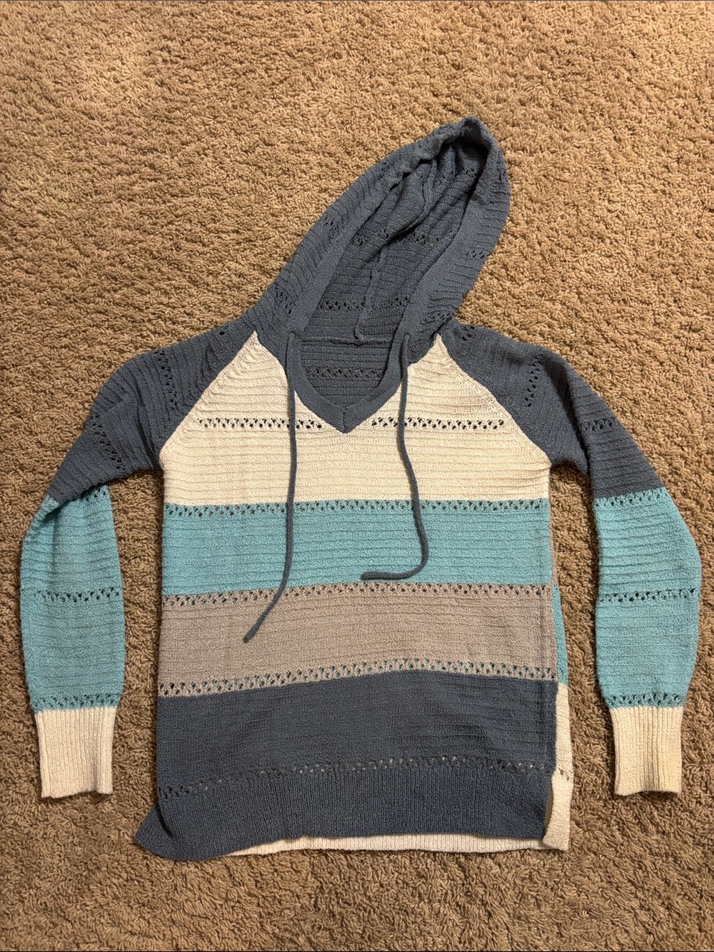 V-Neck Hooded Stripe Sweater - Blue, Cream & Gray